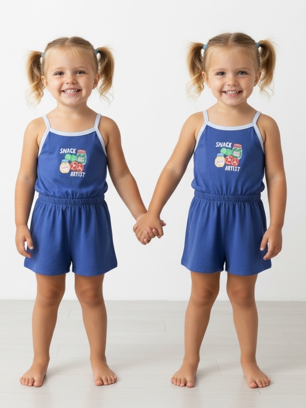 *TWINS* New - Cotton On Girls' Blue Snack Artist Romper - Kids Bottoms Size 4